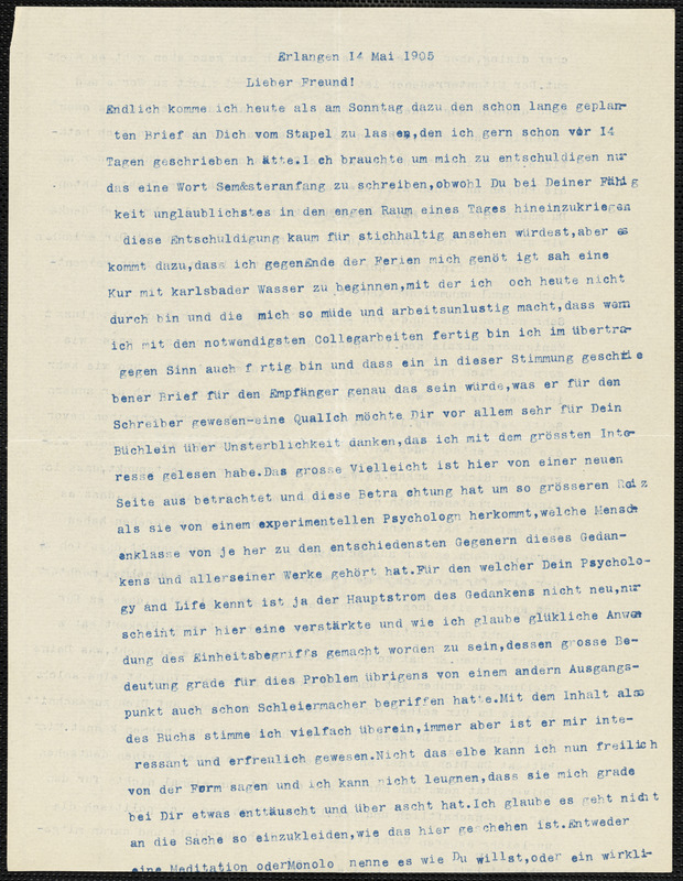 Hensel, Paul, 1860-1930 typed letter to Hugo Münsterberg, Erlangen, 14 May 1905