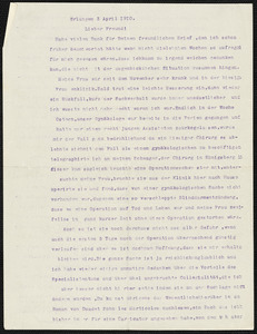 Hensel, Paul, 1860-1930 typed letter signed to Hugo Münsterberg, Erlangen, 3 April 1910