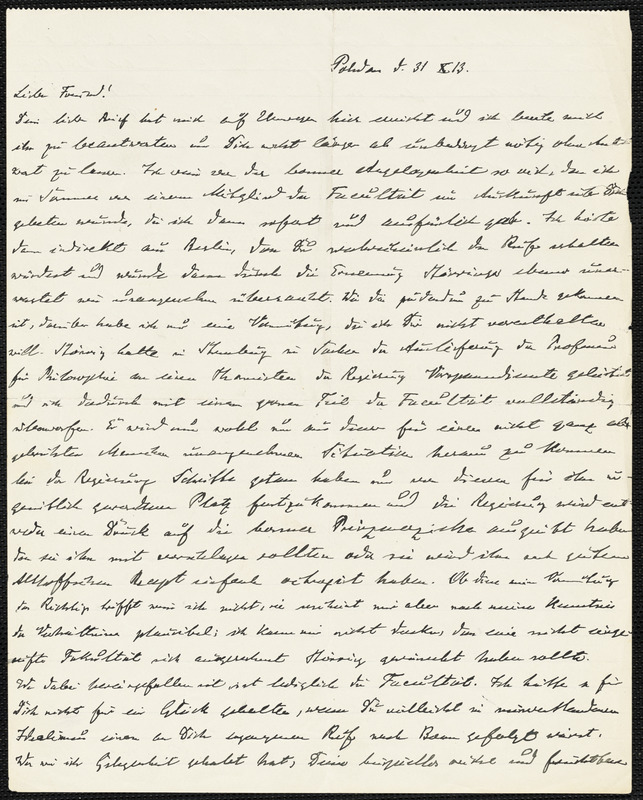 Hensel, Paul, 1860-1930 autograph letter signed to Hugo Münsterberg, Potsdam, 31 October 1913