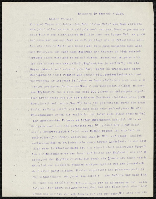 Hensel, Paul, 1860-1930 typed letter to Hugo Münsterberg, Erlangen, 19 September 1914