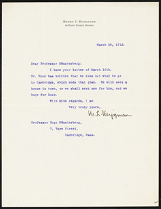 Higginson, Henry Lee, 1834-1919 typed letter signed to Hugo Münsterberg, Boston, 18 March 1912