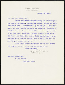 Higginson, Henry Lee, 1834-1919 typed letter signed to Hugo Münsterberg, Boston, 17 February 1913
