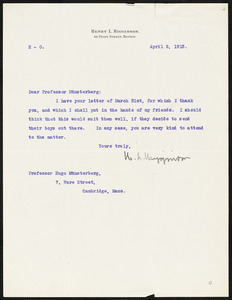 Higginson, Henry Lee, 1834-1919 typed letter signed to Hugo Münsterberg, Boston, 2 April 1913
