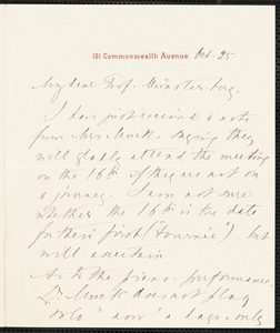 Higginson, Ida (Agassiz). autograph letter signed to Hugo Münsterberg, Boston, 25 October