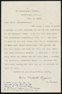 Higginson, Thomas Wentworth, 1823-1911 typed letter signed to Hugo Münsterberg, Cambridge, Mass., 3 February 1903