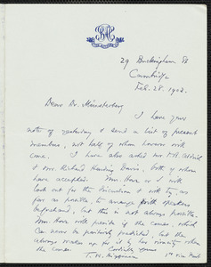 Higginson, Thomas Wentworth, 1823-1911 autograph letter signed to Hugo Münsterberg, Cambridge, Mass., 28 February 1903