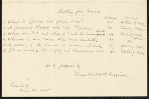 Higginson, Thomas Wentworth, 1823-1911 autograph manuscript signed to Hugo Münsterberg, Cambridge, Mass., 16 May 1905