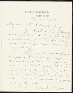 Hill, David Jayne, 1850-1932 autograph letter signed to Hugo Münsterberg, Washington, 4 November 1902