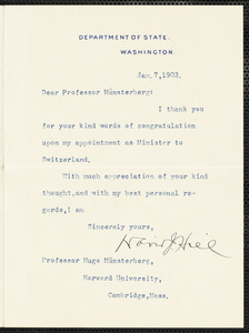 Hill, David Jayne, 1850-1932 autograph letter signed to Hugo Münsterberg, Washington, 7 January 1903