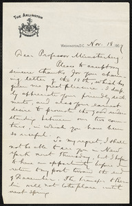 Hill, David Jayne, 1850-1932 autograph letter signed to Hugo Münsterberg, Washington, 18 November 1907