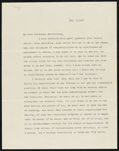 Hill, David Jayne, 1850-1932 typed copy of letter to Hugo Münsterberg, 6 December 1907