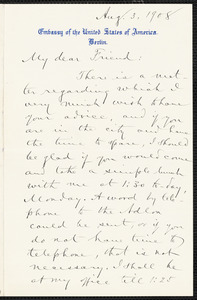 Hill, David Jayne, 1850-1932 autograph letter signed to Hugo Münsterberg, Berlin, 3 August 1908