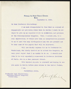 Hill, David Jayne, 1850-1932 typed letter signed to Hugo Münsterberg, Berlin, 2 September 1908