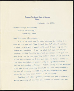 Hill, David Jayne, 1850-1932 typed letter signed to Hugo Münsterberg, Berlin, 18 September 1908