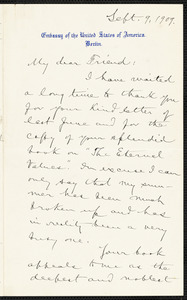 Hill, David Jayne, 1850-1932 autograph letter signed to Hugo Münsterberg, Berlin, 9 September 1909
