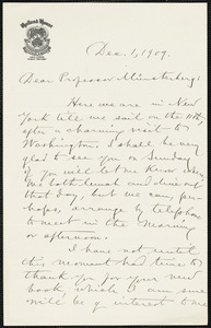 Hill, David Jayne, 1850-1932 autograph letter signed to Hugo Münsterberg, New York, 1 December 1909