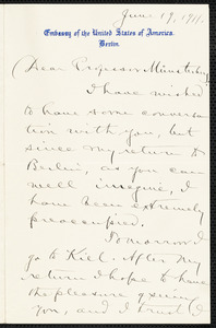Hill, David Jayne, 1850-1932 autograph letter signed to Hugo Münsterberg, Berlin, 19 June 1911