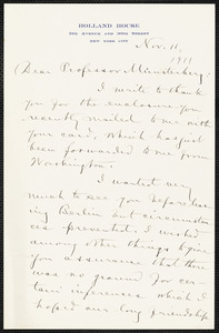 Hill, David Jayne, 1850-1932 autograph letter signed to Hugo Münsterberg, New York, 11 November 1911