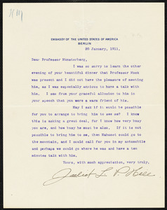 Hill, Juliet Lewis (Packer) typed letter signed to Hugo Münsterberg, Berlin, 20 January 1911