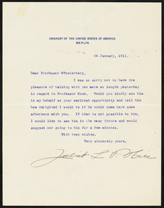 Hill, Juliet Lewis (Packer) typed letter signed to Hugo Münsterberg, Berlin, 24 January 1911