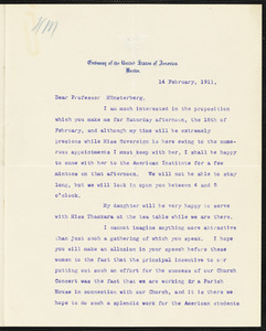 Hill, Juliet Lewis (Packer) typed letter signed to Hugo Münsterberg, Berlin, 14 February 1911