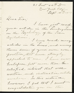 Hills, Henry M., fl.1913 autograph letter signed to Hugo Münsterberg, New York, 14 September 1913