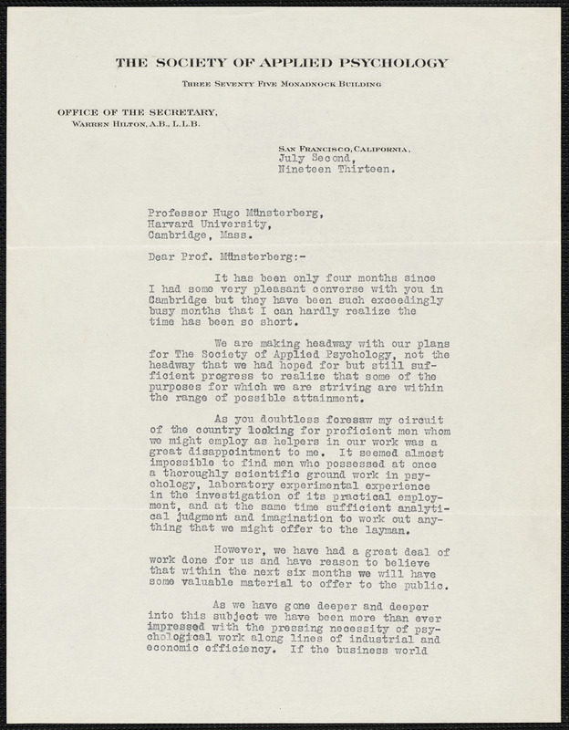 Hilton, Warren, 1874-1958 typed letter signed to Hugo Münsterberg, San Francisco, 2 July 1915