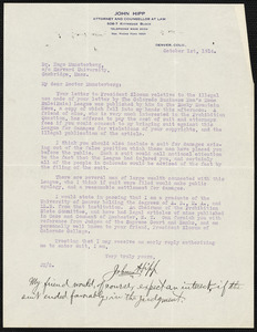Hipp, John, fl. 1914 typed letter signed to Hugo Münsterberg, Denver, Col., 1 October 1914