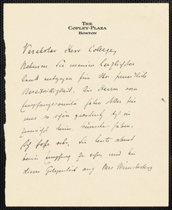His, Wilhelm, 1863-1934 autograph letter signed to Hugo Münsterberg, Boston