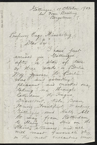 Hocking, William Ernest, 1873-1966 autograph letter signed to Hugo Münsterberg, Göttingen, Ger., 11 October 1902