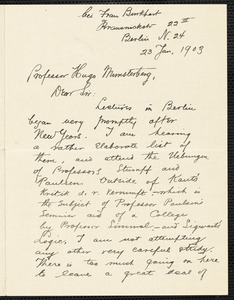 Hocking, William Ernest, 1873-1966 autograph letter signed to Hugo Münsterberg, Berlin, 23 January 1903