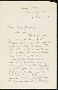 Hocking, William Ernest, 1873-1966 autograph letter signed to Hugo Münsterberg, Berlin, 16 February 1903