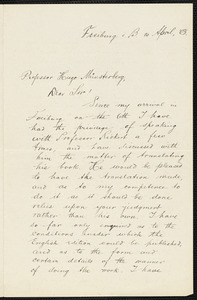 Hocking, William Ernest, 1873-1966 autograph letter signed to Hugo Münsterberg, Freiburg i.B., 10 April 1903