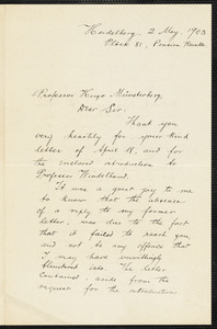 Hocking, William Ernest, 1873-1966 autograph letter signed to Hugo Münsterberg, Heidelberg, Ger., 2 May 1903