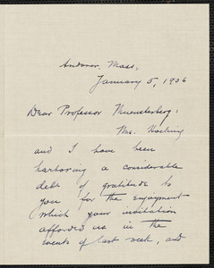 Hocking, William Ernest, 1873-1966 autograph letter signed to Hugo Münsterberg, Andover, Mass., 5 January 1906