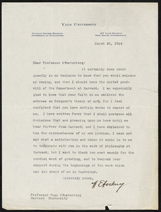 Hocking, William Ernest, 1873-1966 typed letter signed to Hugo Münsterberg, New Haven, Conn., 20 March 1914