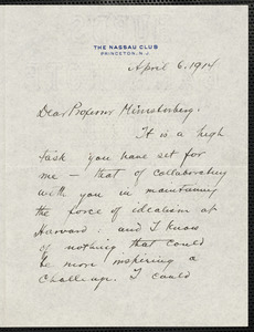 Hocking, William Ernest, 1873-1966 autograph letter signed to Hugo Münsterberg, Pinceton, N.J., 6 April 1914