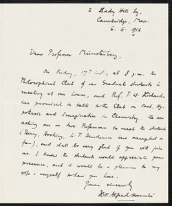 Hoernlé, Reinhold Friedrich Alfred, 1880-1943 autograph letter signed to Hugo Münsterberg, Cambridge, Mass., 6 March 1916
