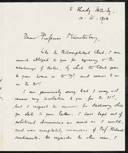 Hoernlé, Reinhold Friedrich Alfred, 1880-1943 autograph letter signed to Hugo Münsterberg, Cambridge, Mass., 10 March 1916