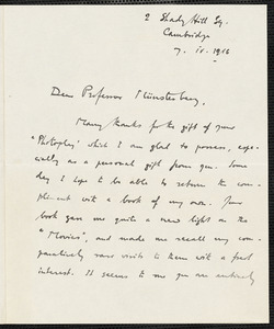 Hoernlé, Reinhold Friedrich Alfred, 1880-1943 autograph letter signed to Hugo Münsterberg, Cambridge, Mass., 7 April 1916
