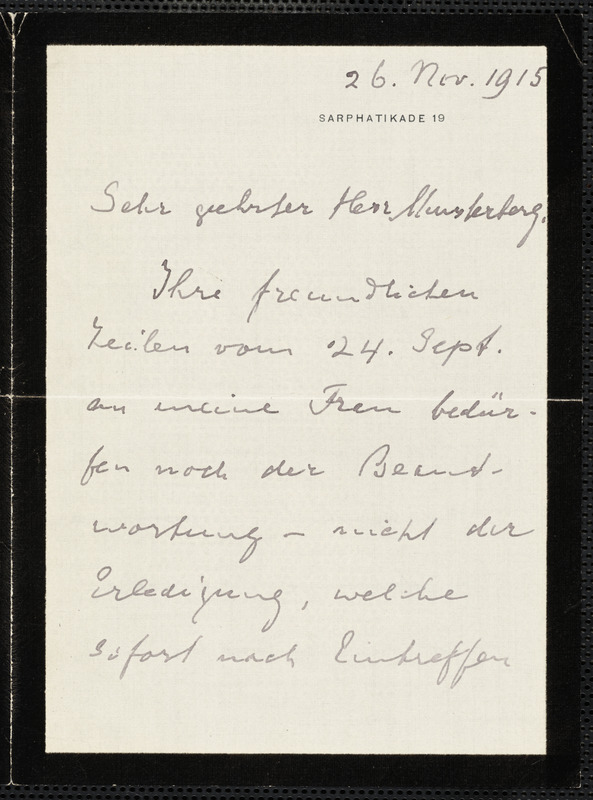 Hofstede de Groot, P. (Petrus), 1802-1886 autograph letter signed to Hugo Münsterberg, Netherlands, 26 November 1915