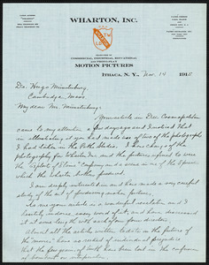 Holbrook, John K., fl. 1909 autograph letter signed to Hugo Münsterberg, Ithaca, N.Y., 14 November 1915