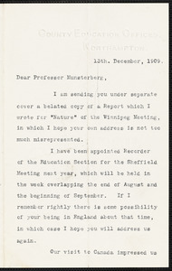 Holland, I. L., fl. 1909 typed letter signed to Hugo Münsterberg, Northampton, Eng., 13 December 1909