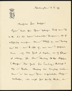 Holleben, Theodor von, 1838-1913 autograph letter signed to Hugo Münsterberg, Washington, 1 March 1899