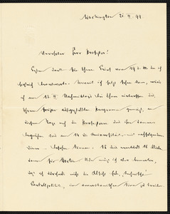 Holleben, Theodor von, 1838-1913 autograph letter signed to Hugo Münsterberg, Washington, 21 March 1899