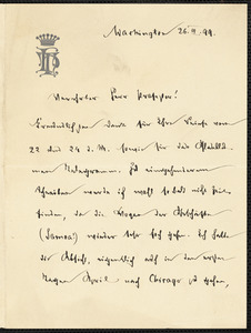 Holleben, Theodor von, 1838-1913 autograph letter signed to Hugo Münsterberg, Washington, 26 March 1899