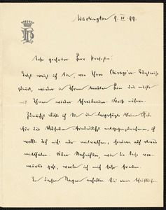 Holleben, Theodor von, 1838-1913 autograph letter signed to Hugo Münsterberg, Washington, 9 April 1899