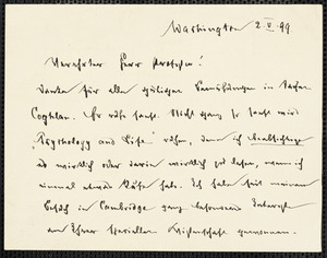Holleben, Theodor von, 1838-1913 autograph note signed to Hugo Münsterberg, Washington, 2 May 1899