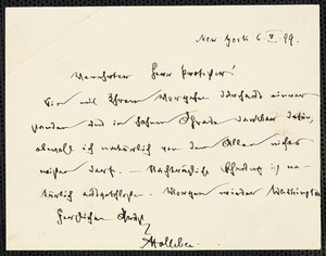 Holleben, Theodor von, 1838-1913 autograph note signed to Hugo Münsterberg, New York, 6 May 1899
