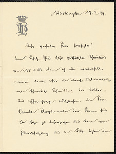 Holleben, Theodor von, 1838-1913 autograph letter signed to Hugo Münsterberg, Washington, 17 May 1899